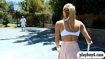 Big tits blonde babe gives head and gets her sweet pussy banged by tattooed bald dude after playing tennis outdoors